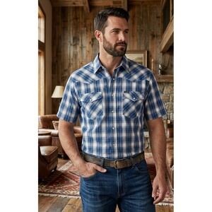 Bit & Bridle Western Pearl Snap Short Sleeve Plaid Shirt Men's 2X Blue Casual